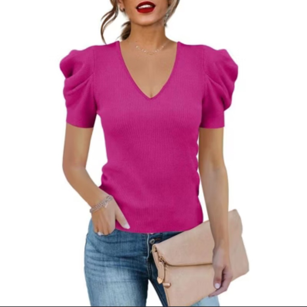 Express Fuchsia Puff Sleeve Blouse - Picture 4 of 8